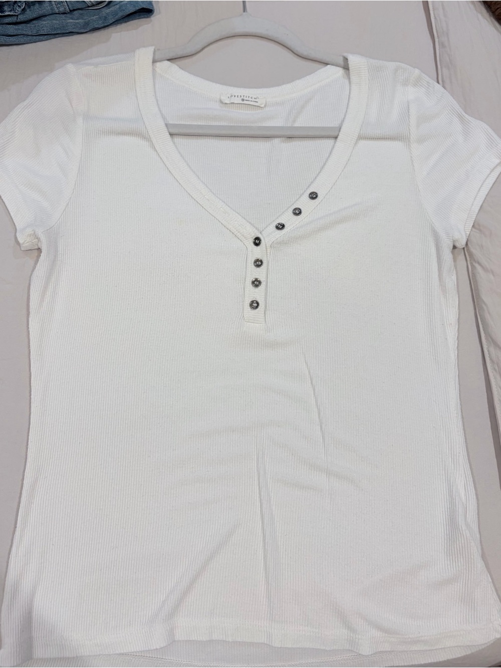 lovestitch White Ribbed V-Neck Henley Short Sleeve Top